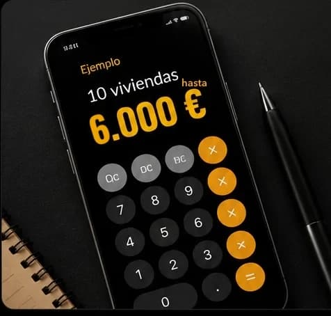 Móvil mostrando el cálculo: 10 viviendas, hasta 6.000 €